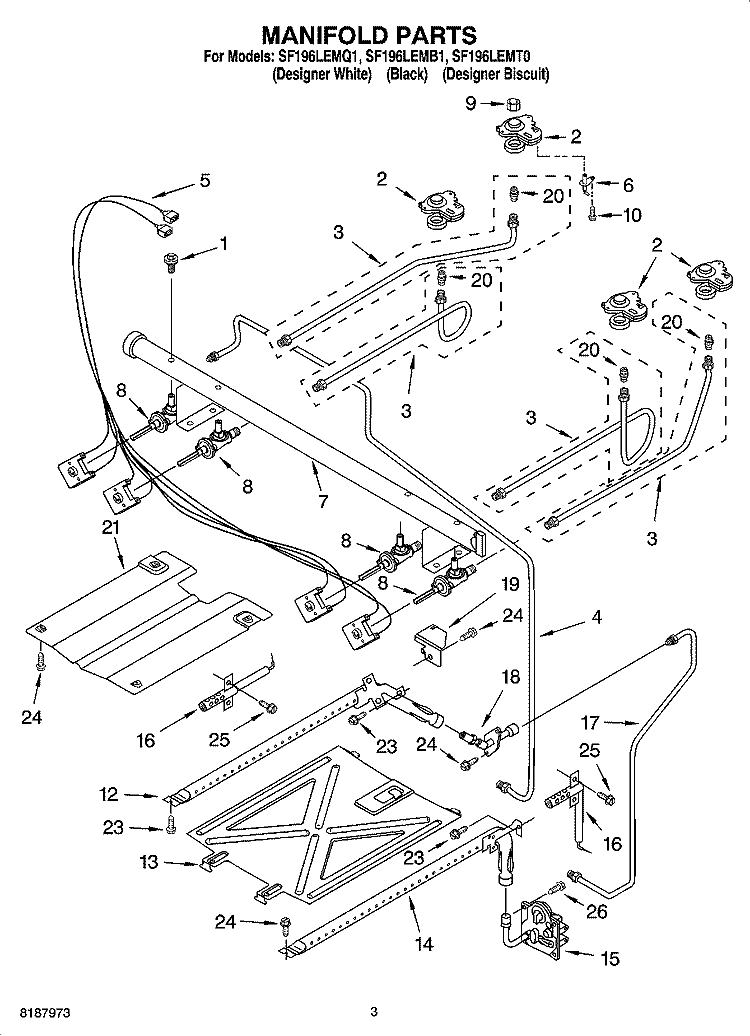 MANIFOLD PARTS Diagram and Parts List for SF196LEMT0  Whirlpool Range