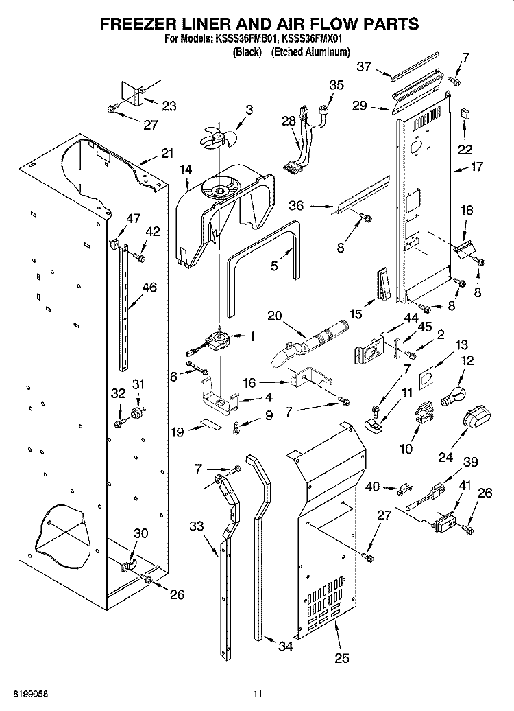 FREEZER LINER AND AIR FLOW PARTS Diagram and Parts List for KSSS36FMB01  KitchenAid Refrigerator