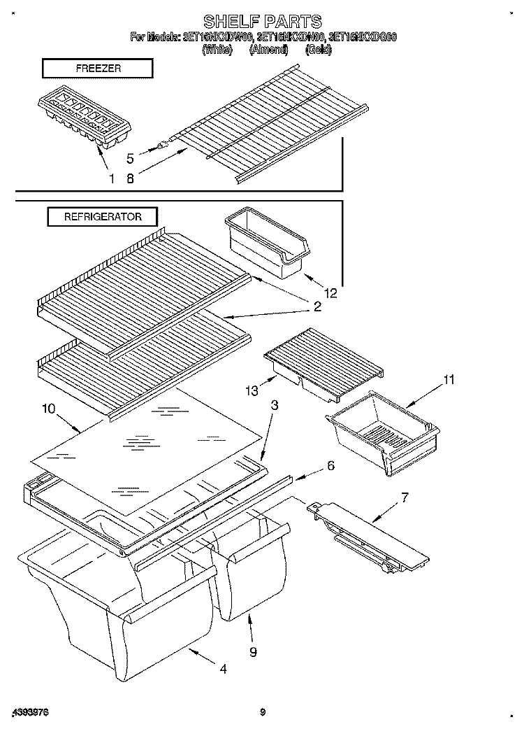 SHELF, LIT/OPTIONAL Diagram and Parts List for 3ET16NKXDG00  Whirlpool Refrigerator