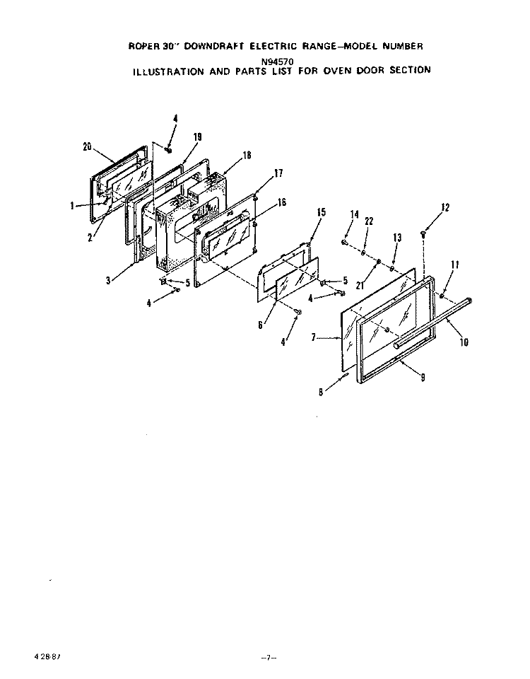 OVEN DOOR Diagram and Parts List for N9457X0  Roper Range
