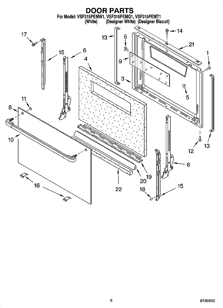 DOOR PARTS, MISCELLANEOUS PARTS Diagram and Parts List for VSF315PEMQ1  Whirlpool Range
