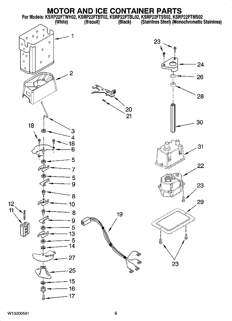 MOTOR AND ICE CONTAINER PARTS Diagram and Parts List for KSRP22FTWH02  KitchenAid Refrigerator