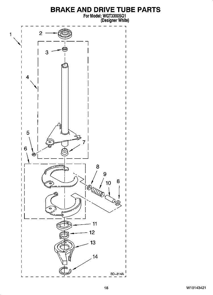 BRAKE AND DRIVE TUBE PARTS Diagram and Parts List for WGT3300SQ1  Whirlpool Washer Dryer Combo