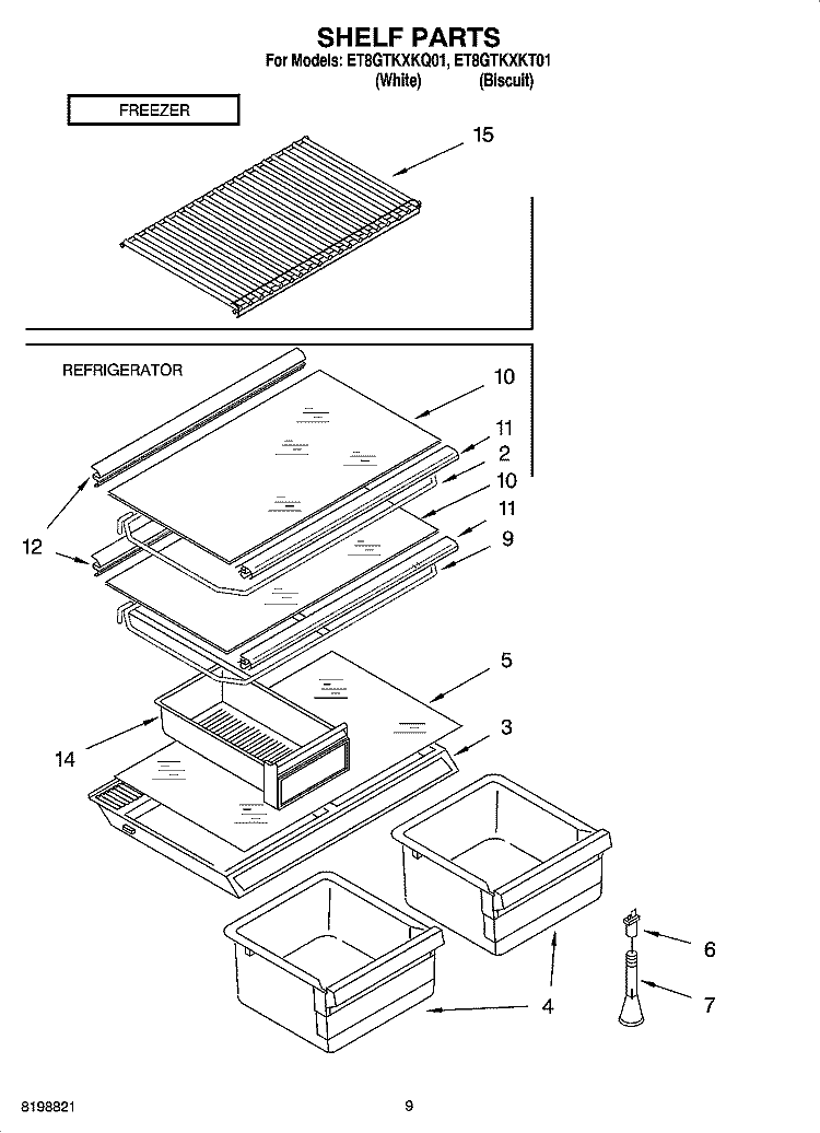 SHELF PARTS, LITERATURE AND OPTIONAL PARTS Diagram and Parts List for ET8GTKXKT01  Whirlpool Refrigerator