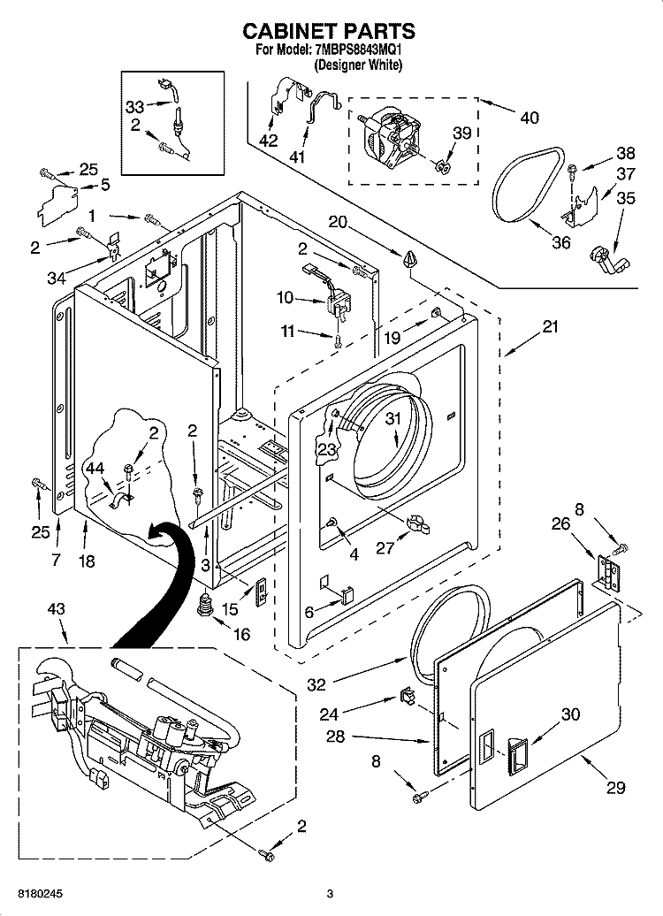 CABINET PARTS Diagram and Parts List for 7MBPS8843MQ1  Whirlpool Dryer