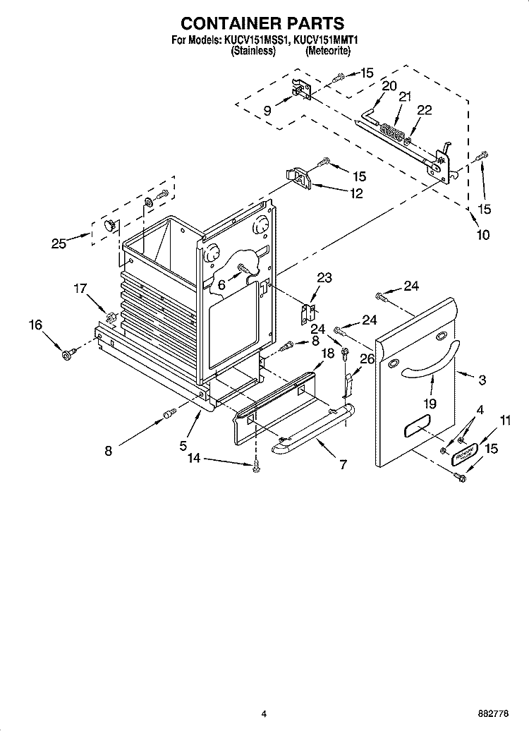 CONTAINER PARTS Diagram and Parts List for KUCV151MMT1  KitchenAid Trash Compactor