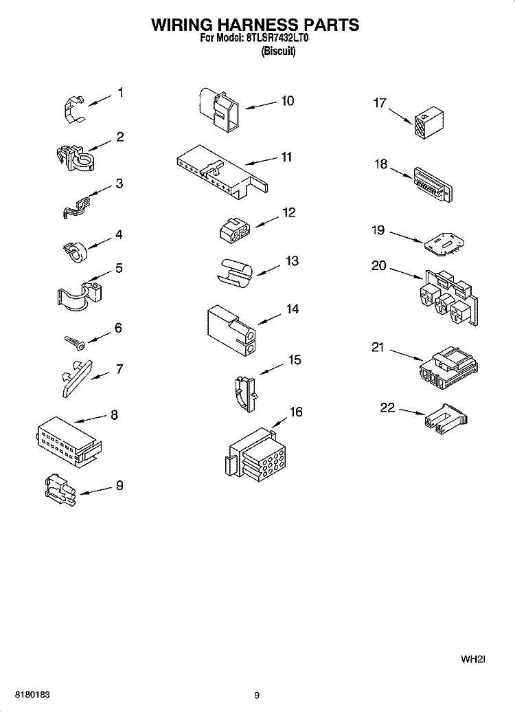 WIRING HARNESS PARTS Diagram and Parts List for 8TLSR7432LT0  Whirlpool Washer