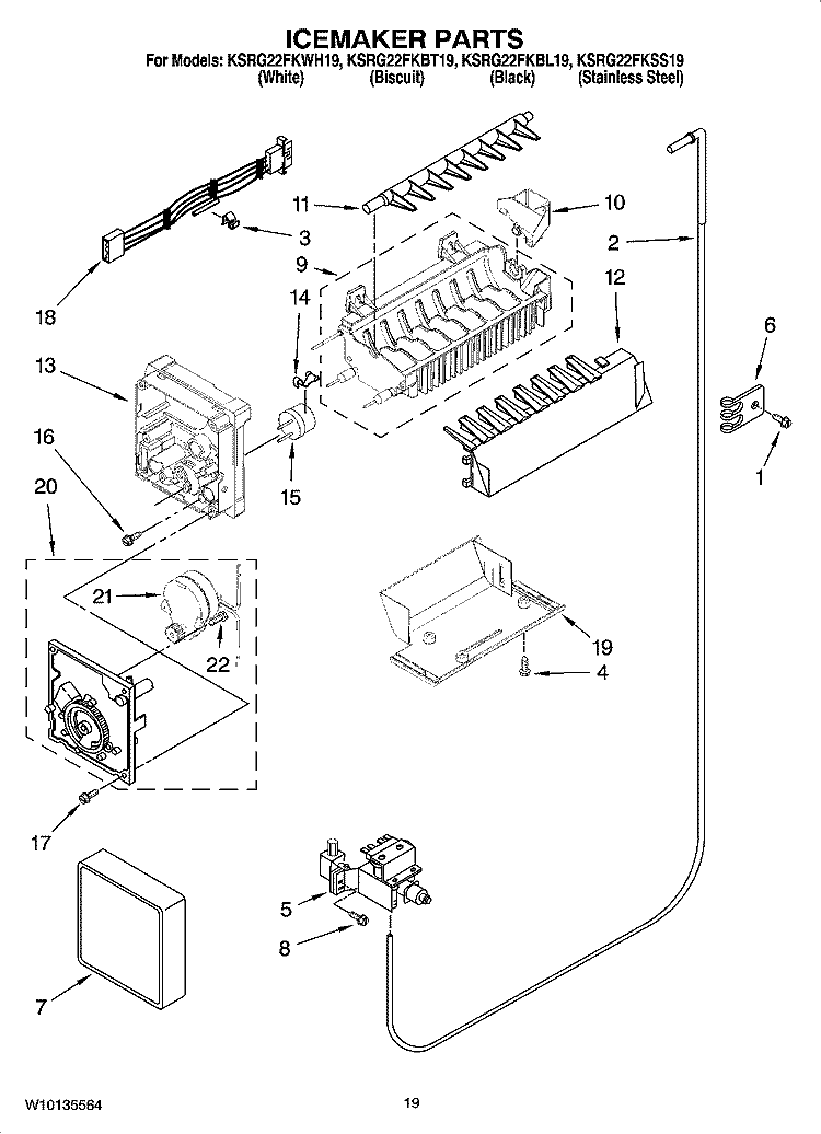 ICEMAKER PARTS Diagram and Parts List for KSRG22FKWH19  KitchenAid Refrigerator
