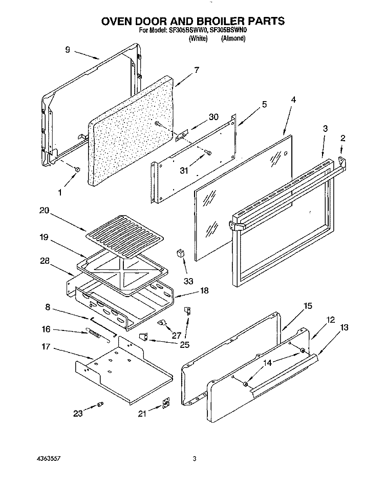 OVEN DOOR AND BROILER Diagram and Parts List for SF305BSWW0  Whirlpool Range