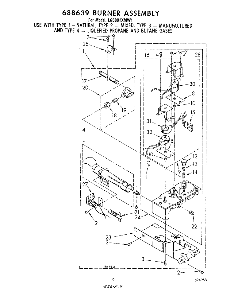 688639 BURNER Diagram and Parts List for LG5801XMW1  Whirlpool Dryer