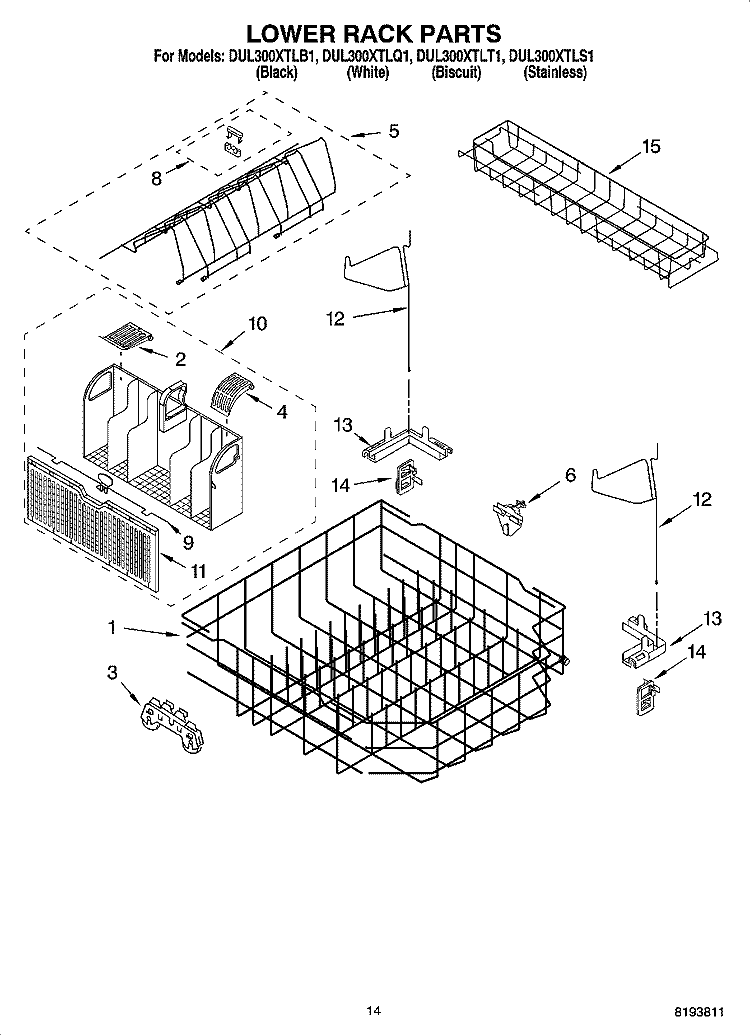 LOWER RACK PARTS Diagram and Parts List for DUL300XTLQ1  Whirlpool Dishwasher