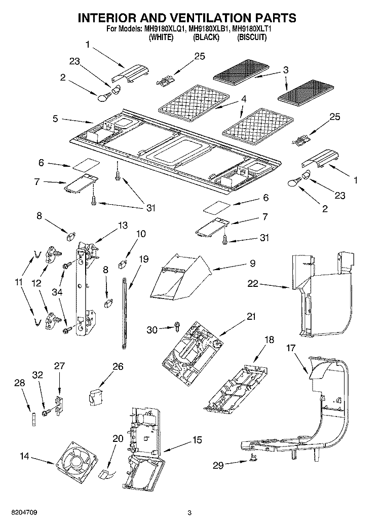 INTERIOR AND VENTILATION PARTS Diagram and Parts List for MH9180XLT1  Whirlpool Microwave