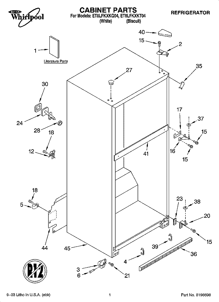 CABINET PARTS Diagram and Parts List for ET8LFKXKQ04  Whirlpool Refrigerator