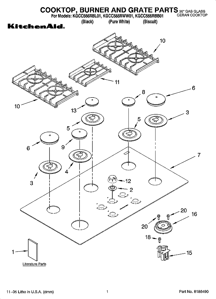 COOKTOP, BURNER AND GRATE PARTS Diagram and Parts List for KGCC566RWW01  KitchenAid Cooktop