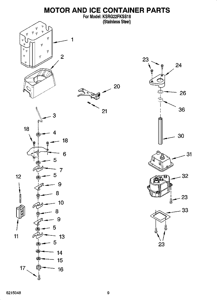 MOTOR AND ICE CONTAINER PARTS Diagram and Parts List for KSRG22FKSS18  KitchenAid Refrigerator