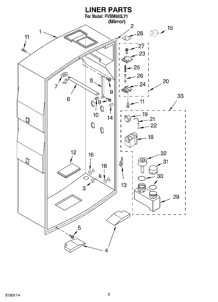 LINER PARTS Diagram and Parts List for PVBM600LY1  Whirlpool Cabinet