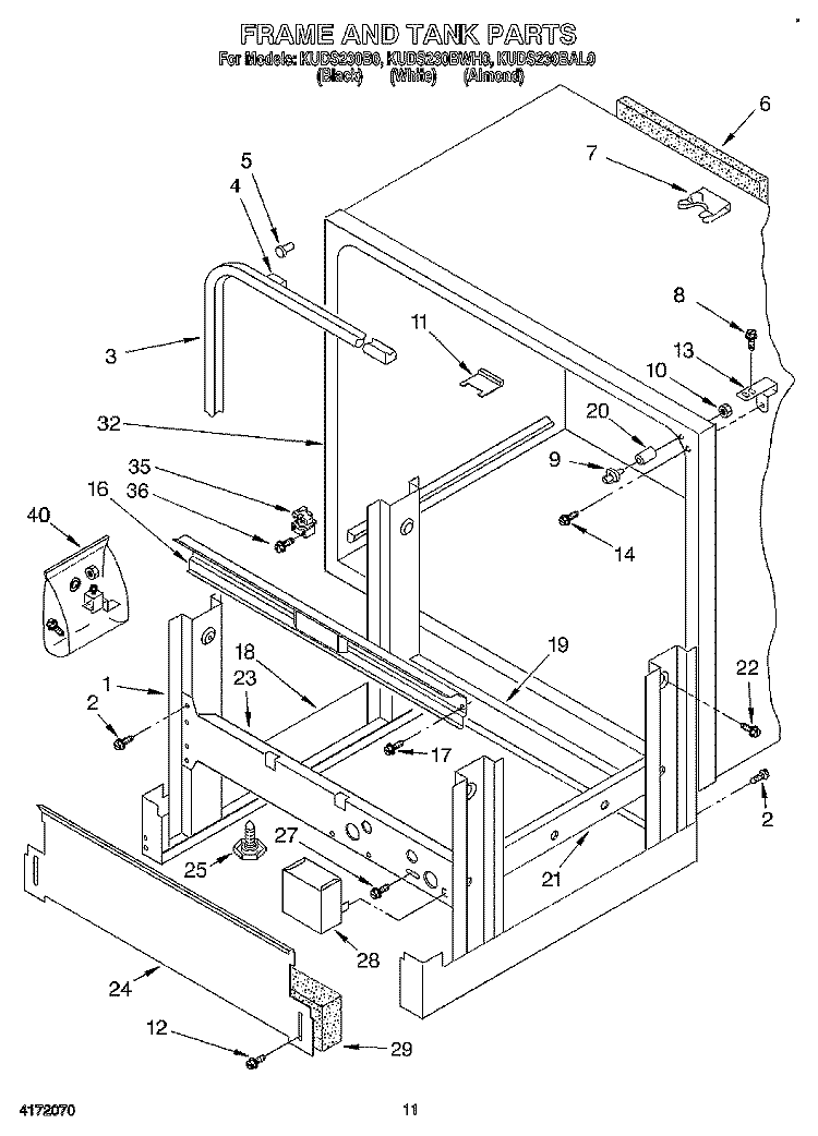 FRAME AND TANK Diagram and Parts List for KUDS230BAL0  KitchenAid Dishwasher