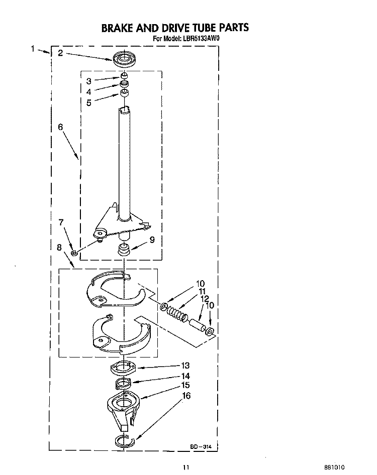BRAKE AND DRIVE TUBE Diagram and Parts List for LBR5133AW0  Whirlpool Washer