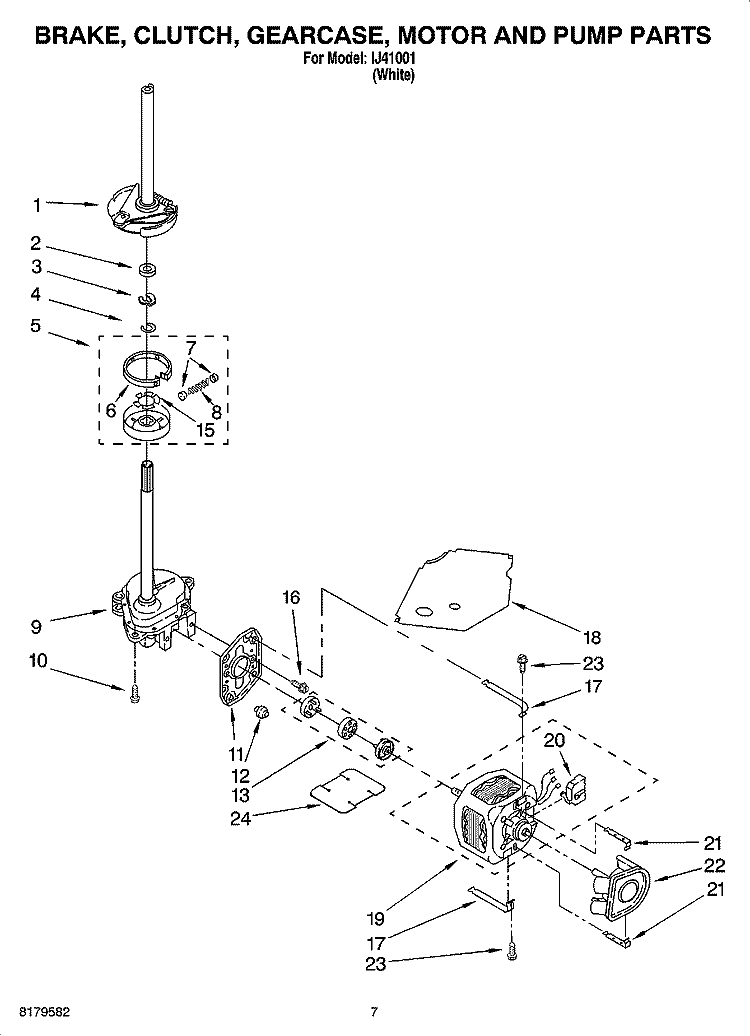 BRAKE, CLUTCH, GEARCASE, MOTOR AND PUMP PARTS Diagram and Parts List for IJ41001  Inglis Washer