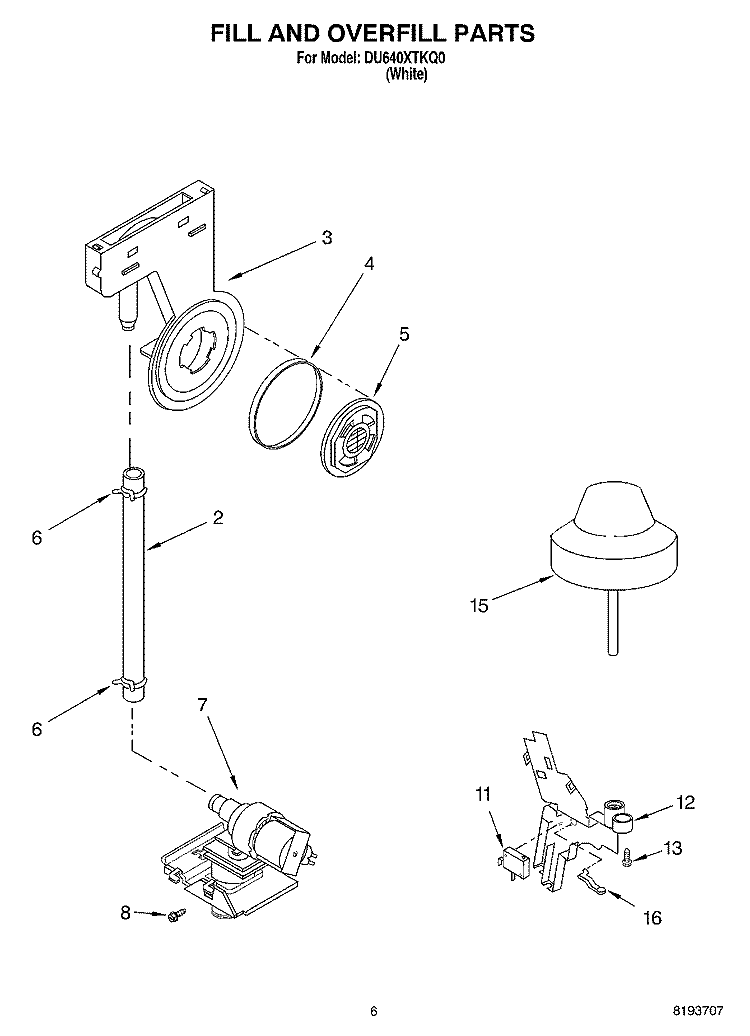 FILL AND OVERFILL Diagram and Parts List for DU640XTKQ0  Whirlpool Dishwasher