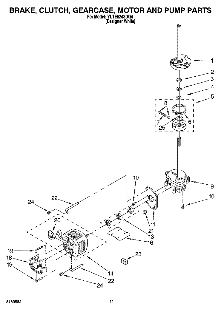 BRAKE, CLUTCH, GEARCASE, MOTOR AND PUMP PARTS Diagram and Parts List for YLTE5243DQ4  Whirlpool Washer Dryer Combo