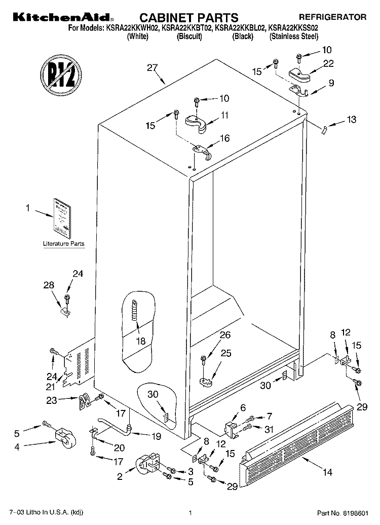 CABINET PARTS Diagram and Parts List for KSRA22KKBT02  KitchenAid Refrigerator