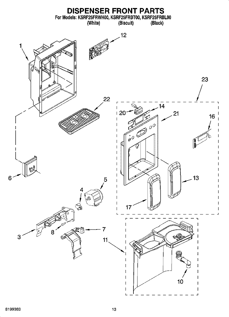 DISPENSER FRONT PARTS Diagram and Parts List for KSRF25FRBL00  Whirlpool Refrigerator