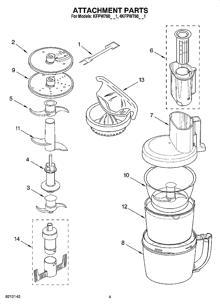 ATTACHMENT PARTS Diagram and Parts List for 4KFPW760OB1  KitchenAid Food Processor
