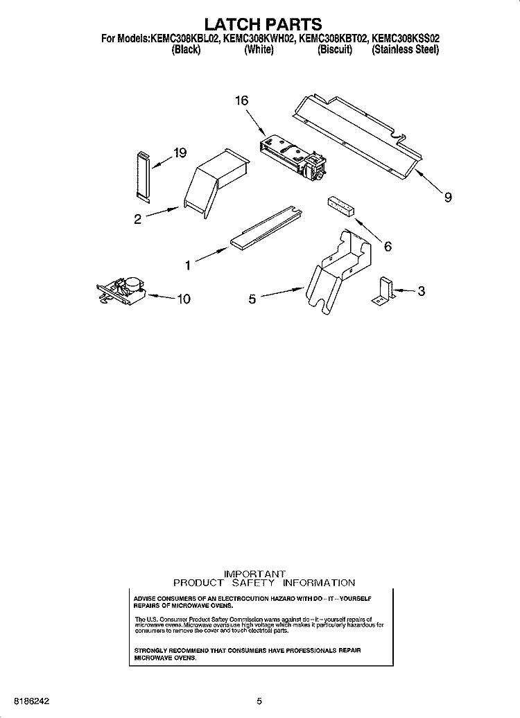 LATCH PARTS Diagram and Parts List for KEMC308KBT02  KitchenAid Microwave Oven Combo