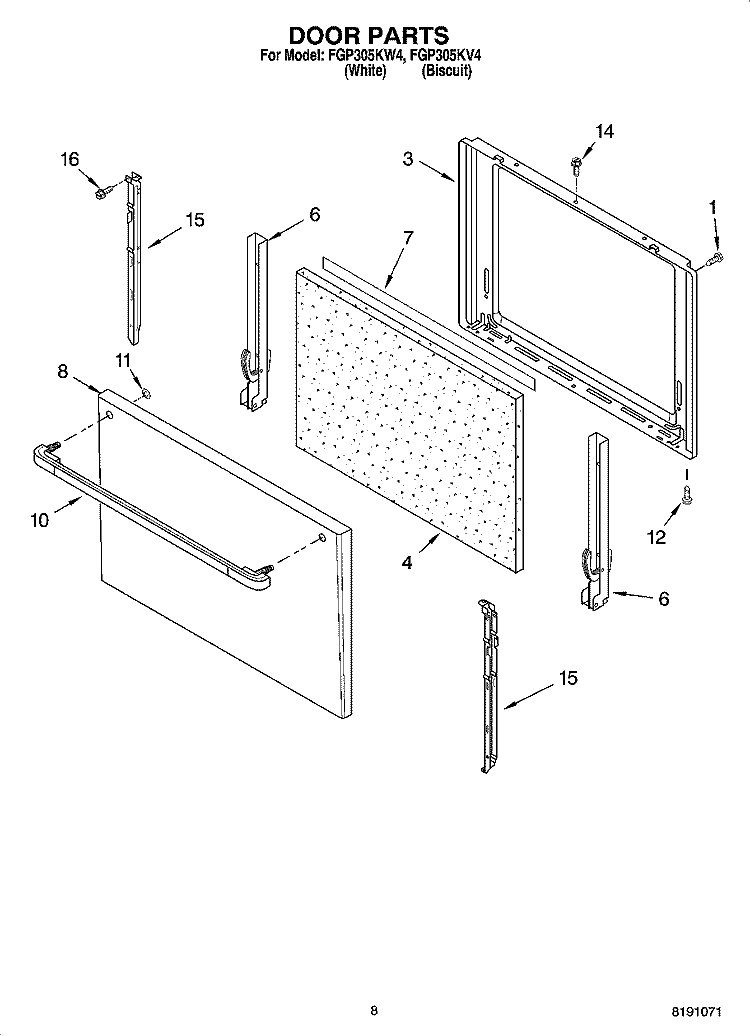 DOOR PARTS, OPTIONAL PARTS Diagram and Parts List for FGP305KV4  Roper Range