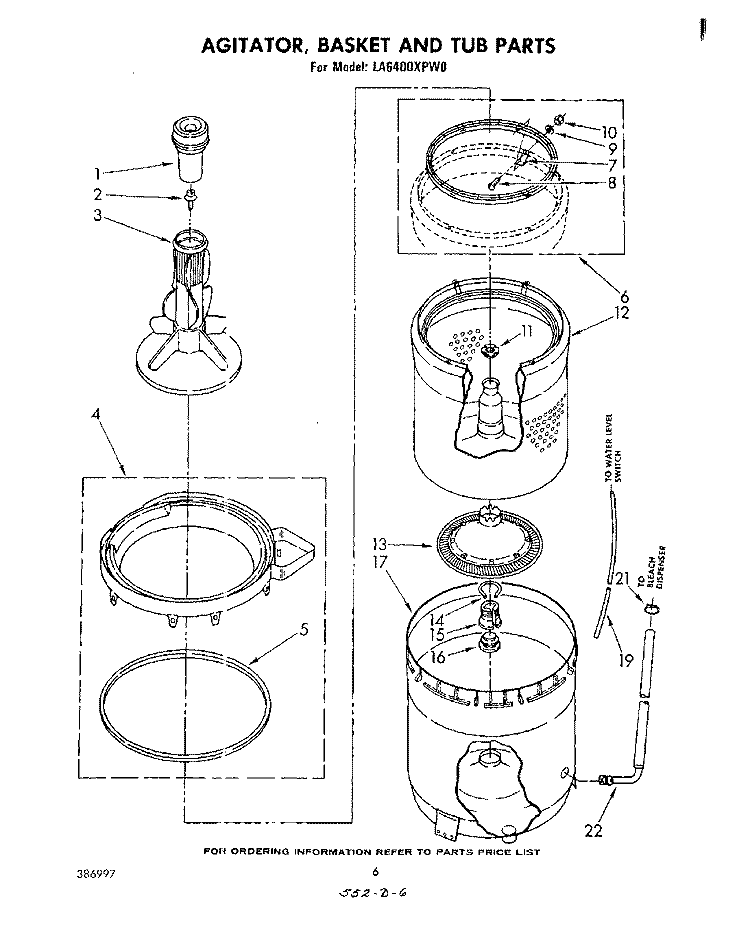 AGITATOR, BASKET AND TUB Diagram and Parts List for LA6400XPW0  Whirlpool Washer