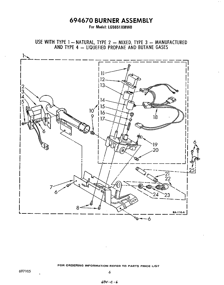 694670 BURNER Diagram and Parts List for LG5651XMW0  Whirlpool Dryer