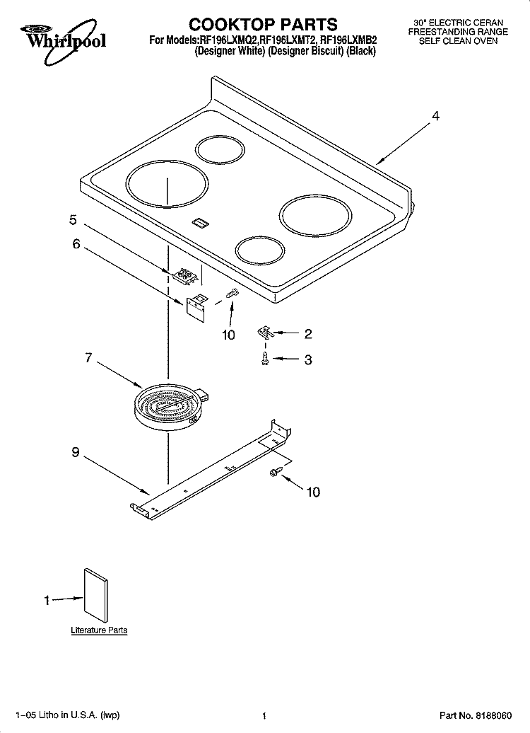 COOKTOP PARTS Diagram and Parts List for RF196LXMQ2  Whirlpool Range