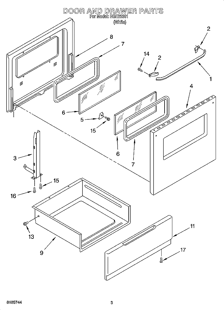 DOOR AND DRAWER PARTS Diagram and Parts List for RGE23301  Roper Range