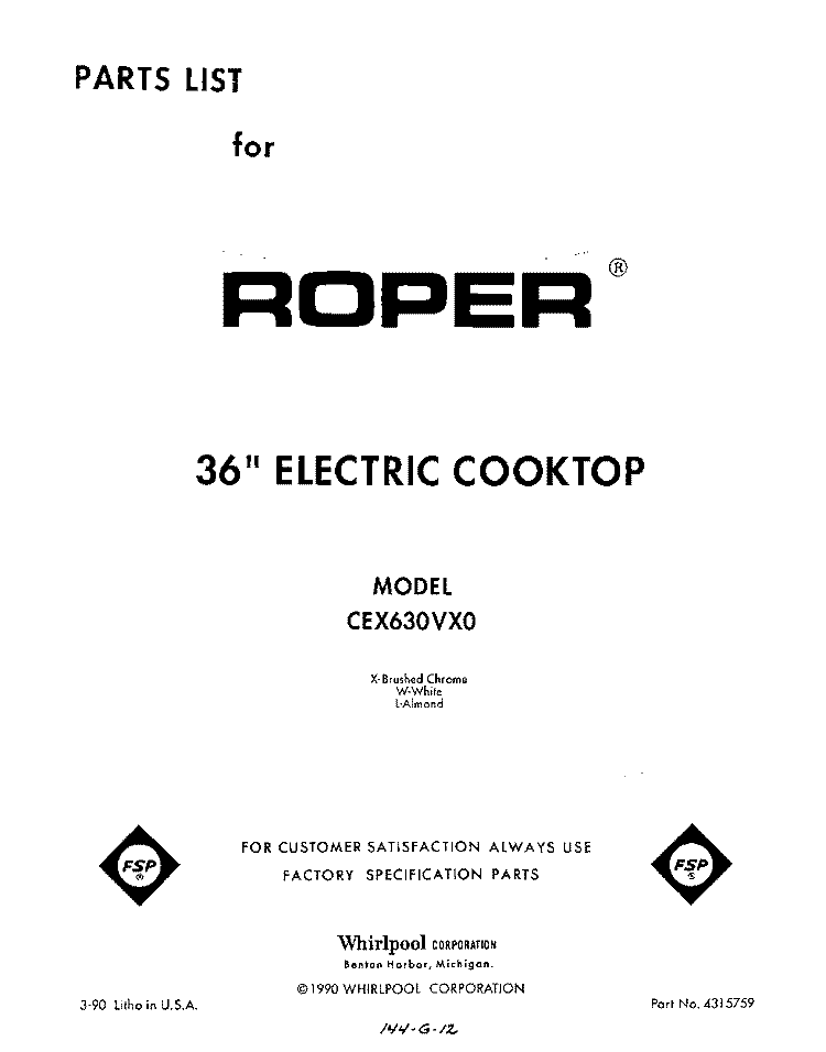 SECTION Diagram and Parts List for CEX630VX0  Roper Range
