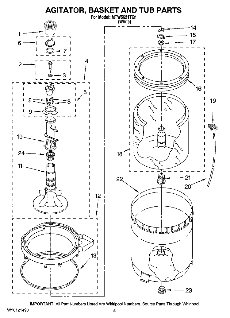 AGITATOR, BASKET AND TUB PARTS Diagram and Parts List for MTW5621TQ1  Whirlpool Washer