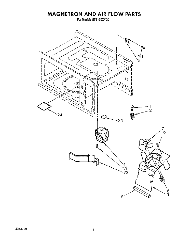 MAGNETRON AND AIR FLOW Diagram and Parts List for MT6120XYQ0  Whirlpool Microwave