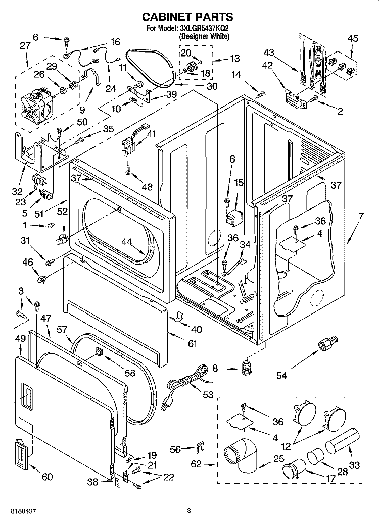 CABINET PARTS Diagram and Parts List for 3XLGR5437KQ2  Whirlpool Dryer