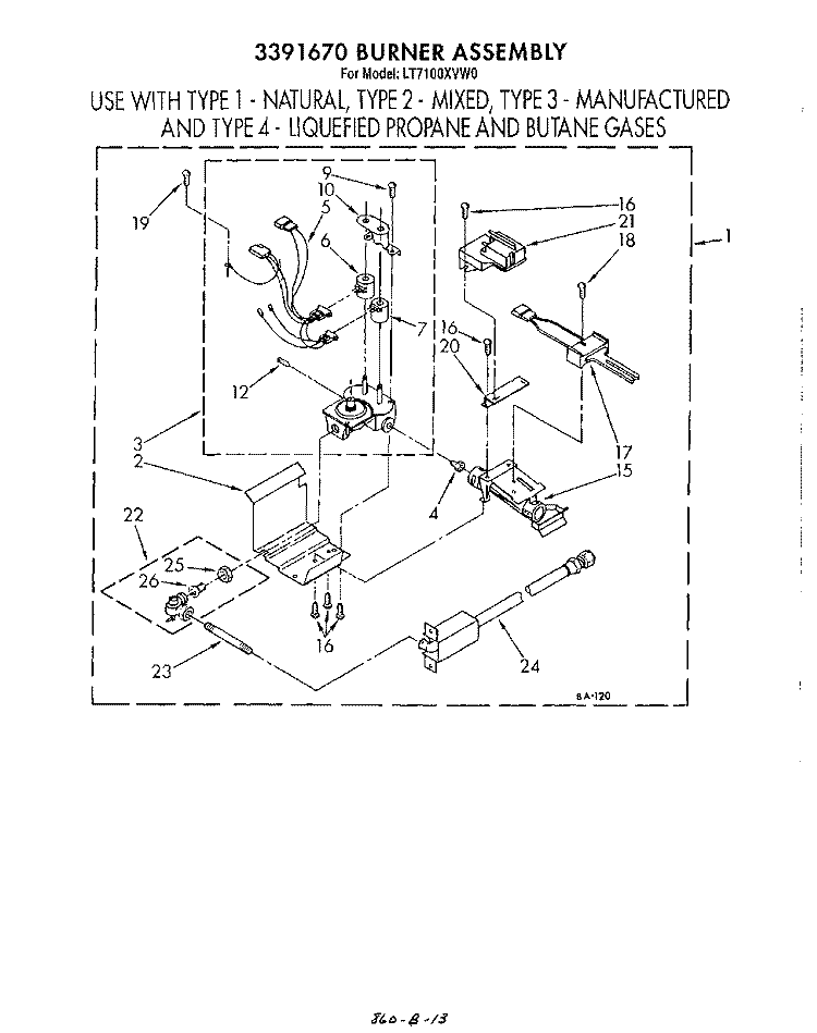3391670 BURNER Diagram and Parts List for LT7100XVN0  Whirlpool Washer Dryer Combo