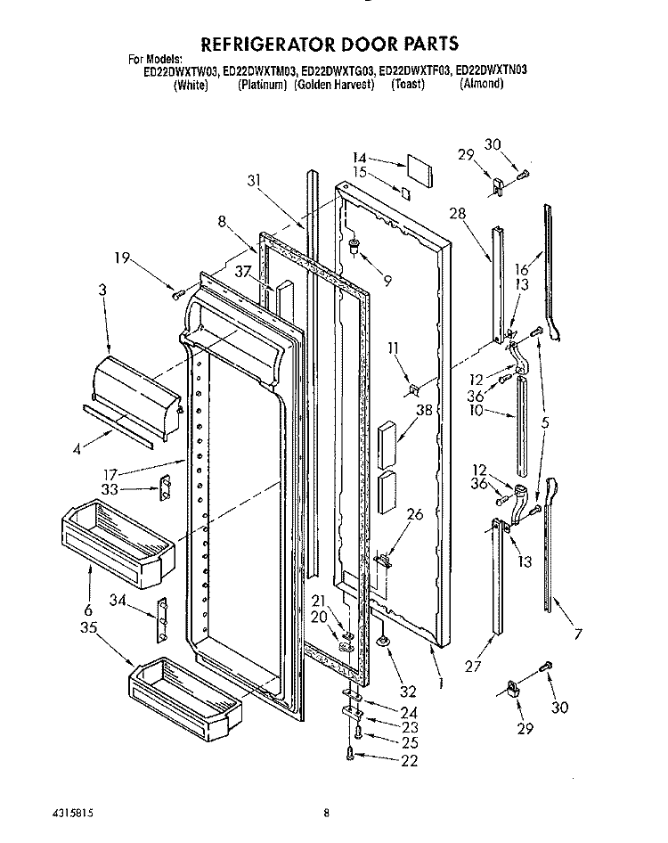 REFRIGERATOR DOOR Diagram and Parts List for ED22DWXTM03  Whirlpool Refrigerator