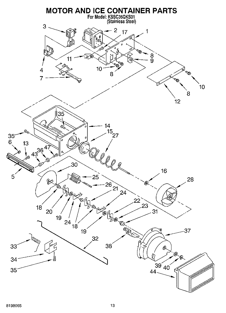 MOTOR AND ICE CONTAINER Diagram and Parts List for KSSC36QKS01  KitchenAid Refrigerator