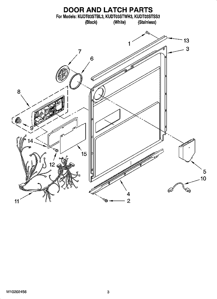 DOOR AND LATCH PARTS Diagram and Parts List for KUDT03STSS3  KitchenAid Dishwasher