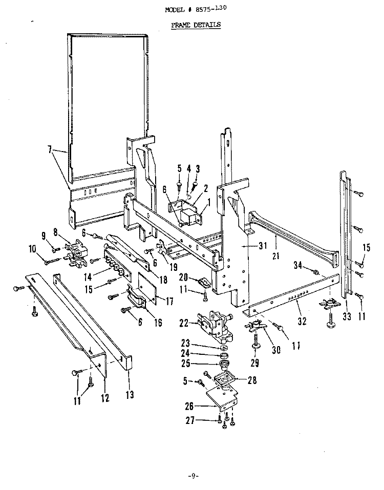 FRAME Diagram and Parts List for 8575L20  Roper Dishwasher