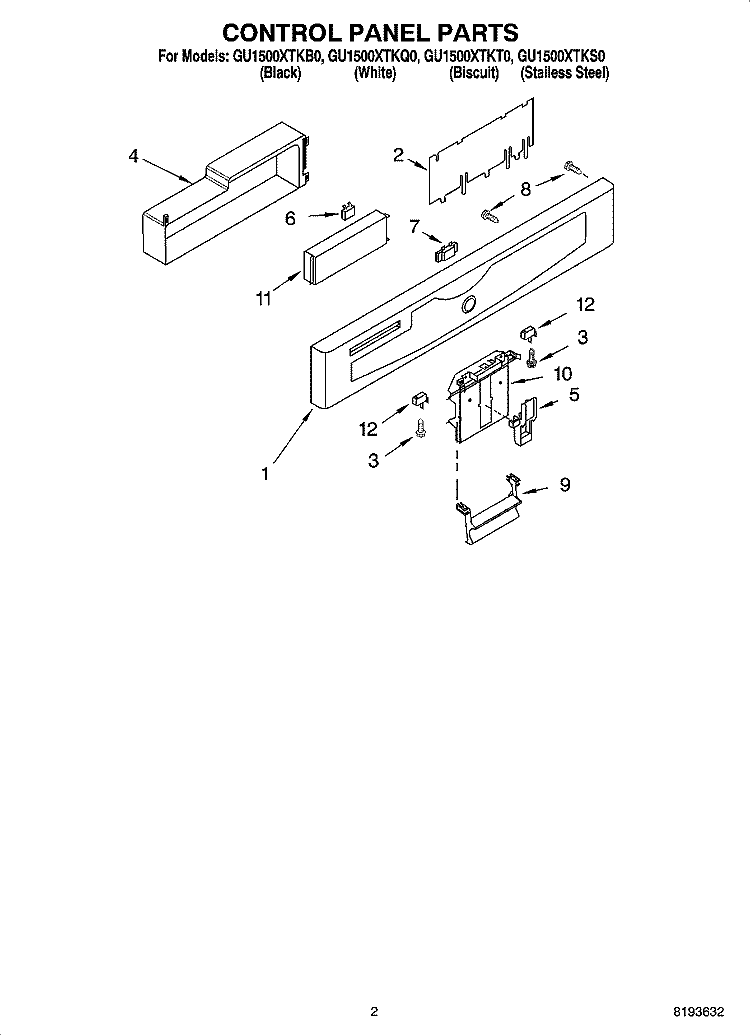 CONTROL PANEL PARTS Diagram and Parts List for GU1500XTKQ0  Whirlpool Dishwasher