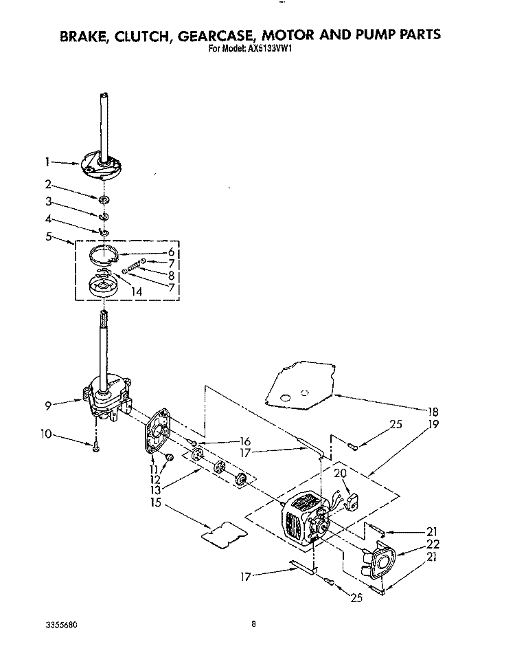 BRAKE, CLUTCH, GEARCASE, MOTOR AND PUMP Diagram and Parts List for AX5133VG1  Whirlpool Washer