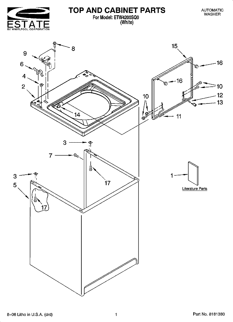 TOP AND CABINET PARTS Diagram and Parts List for ETW4200SQ0  Estate Washer
