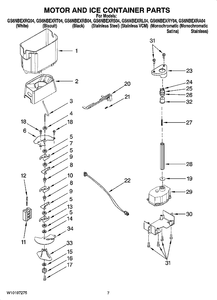 MOTOR AND ICE CONTAINER PARTS Diagram and Parts List for GS6NBEXRY04  Whirlpool Refrigerator