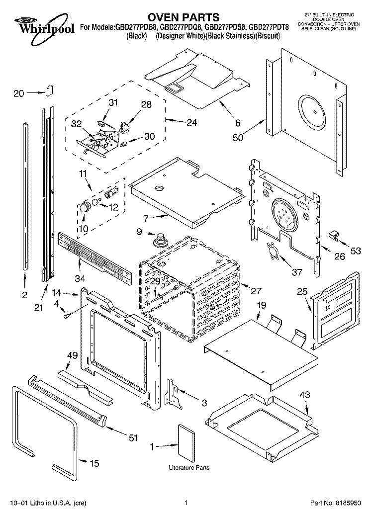 OVEN, LITERATURE Diagram and Parts List for GBD277PDS8  Whirlpool Wall Oven