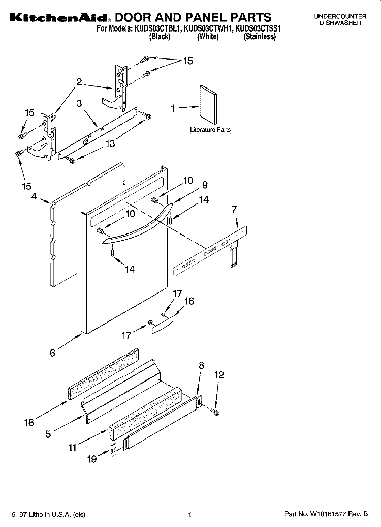 DOOR AND PANEL PARTS Diagram and Parts List for KUDS03CTWH1  KitchenAid Dishwasher