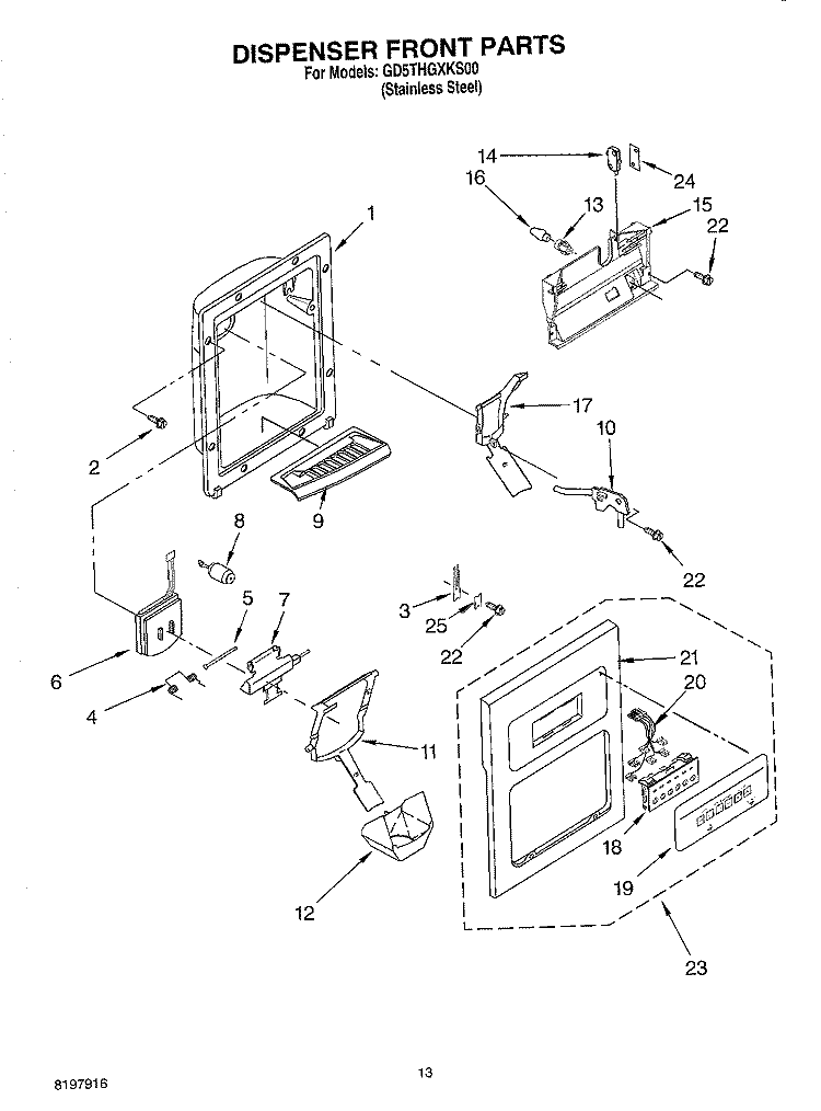DISPENSER FRONT Diagram and Parts List for GD5THGXKS00  Whirlpool Refrigerator